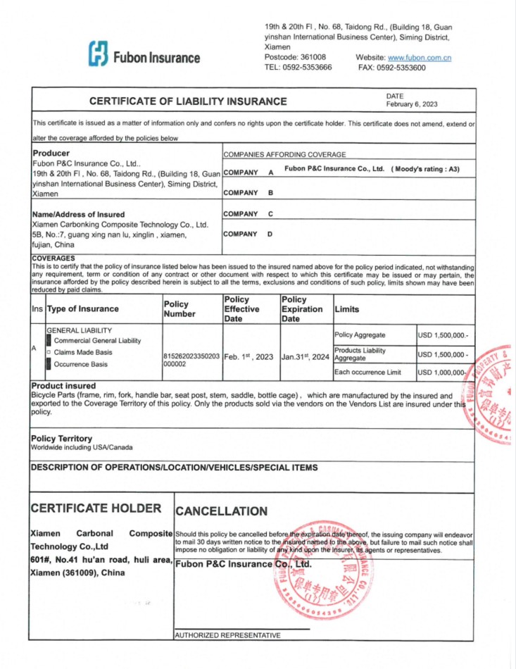 carbonal bike carbon rim & wheel products insurance worldwide 2023-2024
